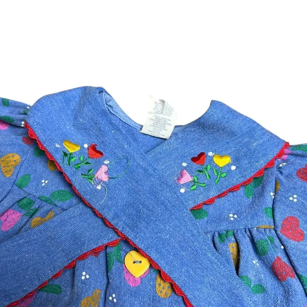 Vintage 90's Denim Jumpsuit Baby Romper All Over Print Floral Strawberry Heart